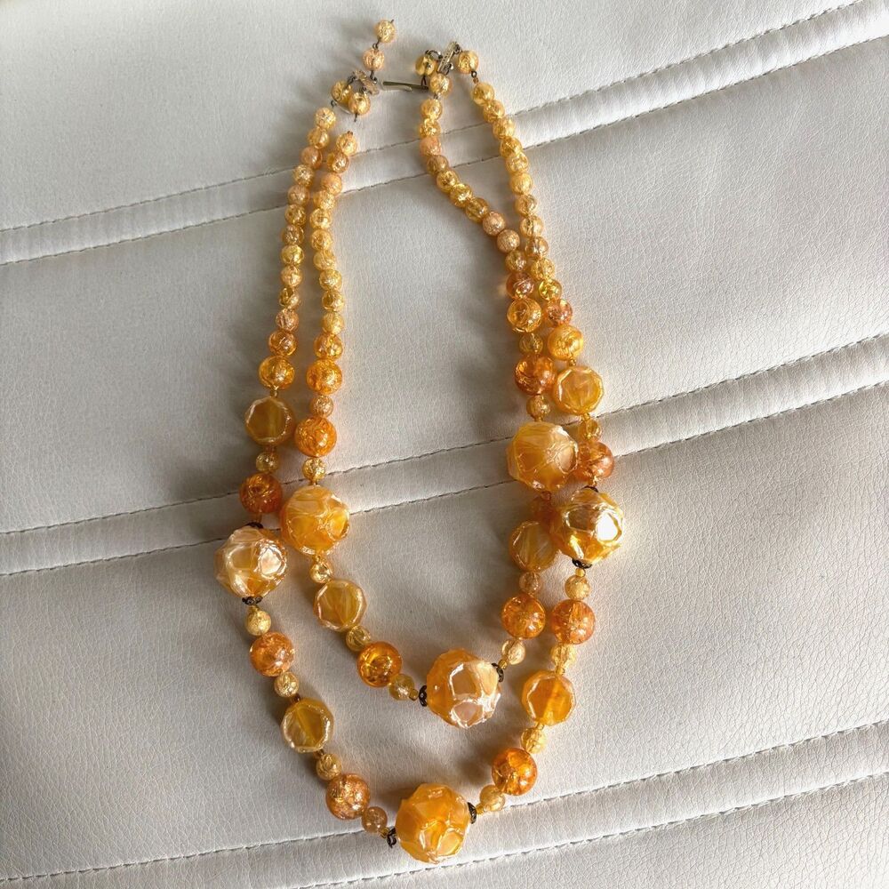 Vintage Double Strand Amber Honey Gold Champagne Lucite Bead Necklace Statement